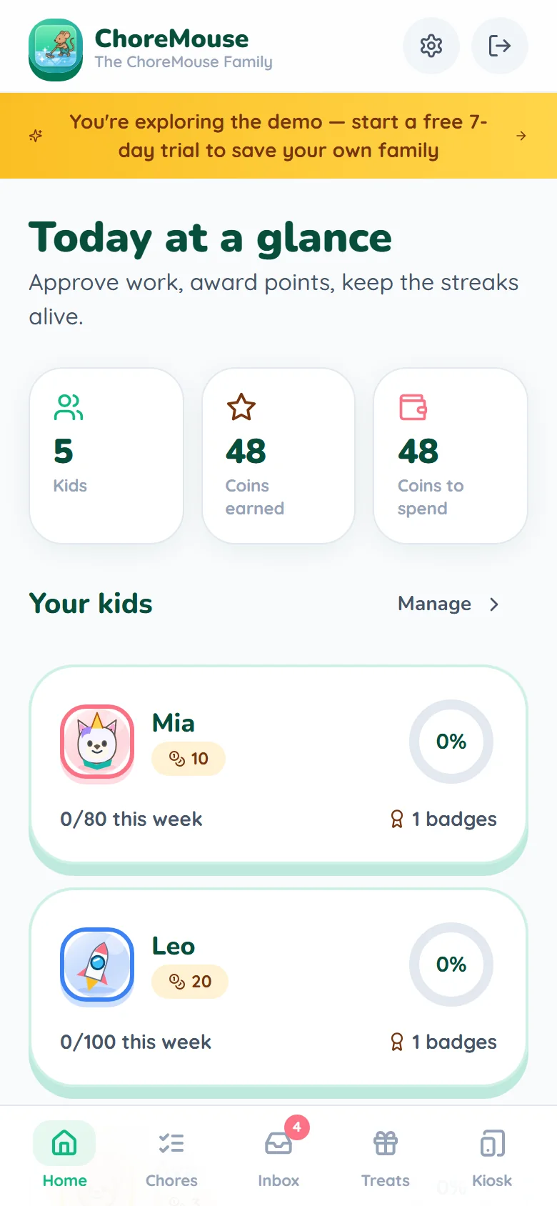 ChoreMouse — Mobile family dashboard · public demo