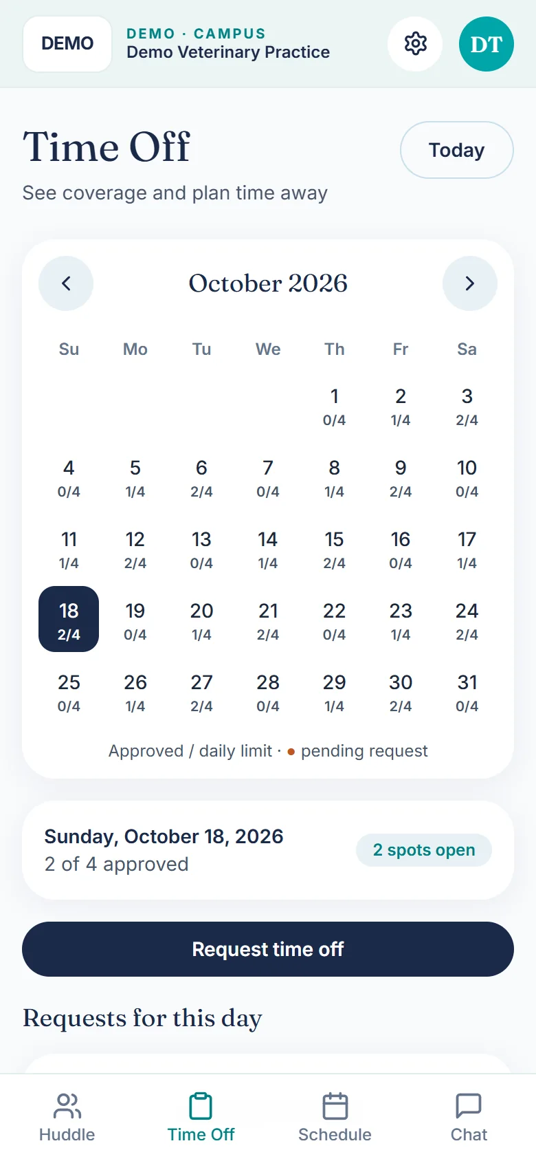 DelQuro Connect — Mobile demo · time-off planning