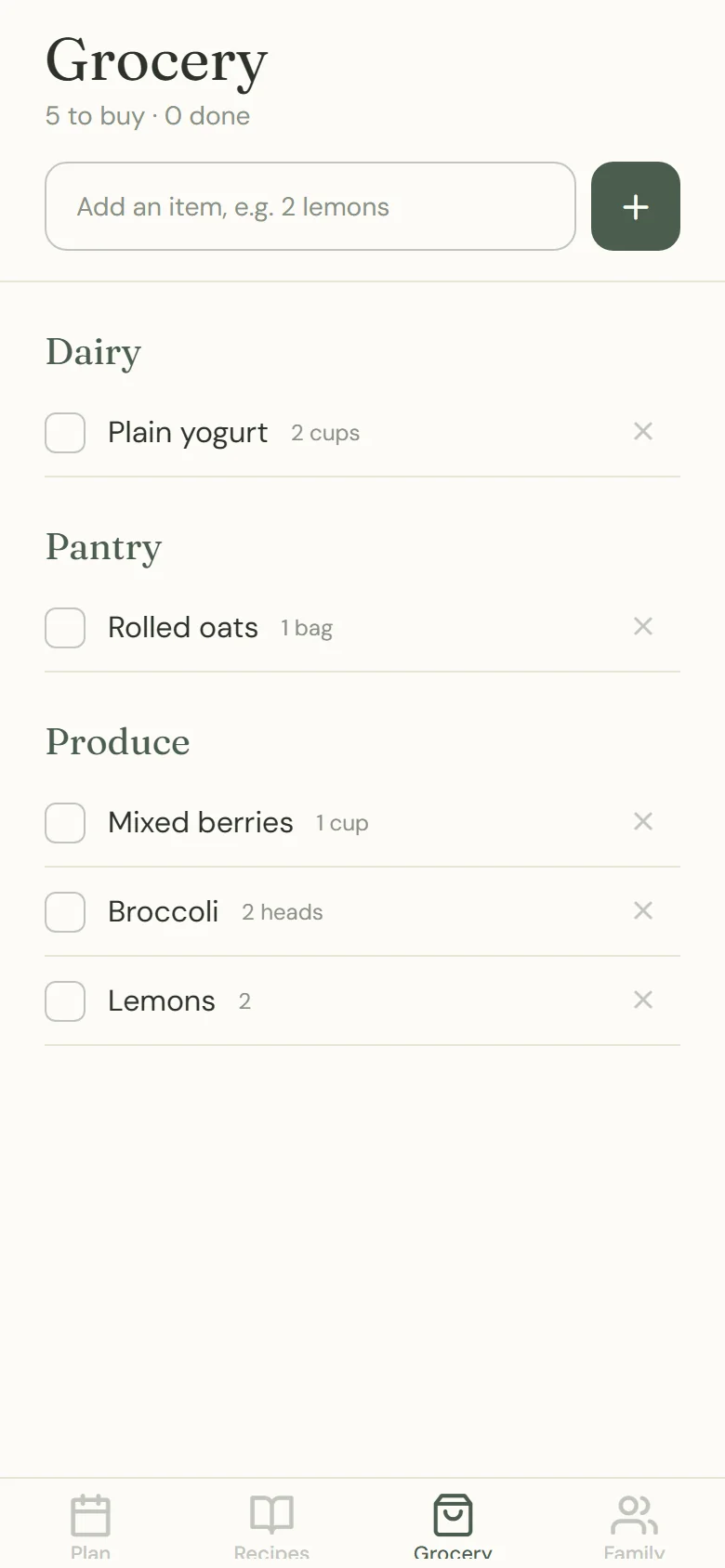 Note Thyme — Grocery list · development demo