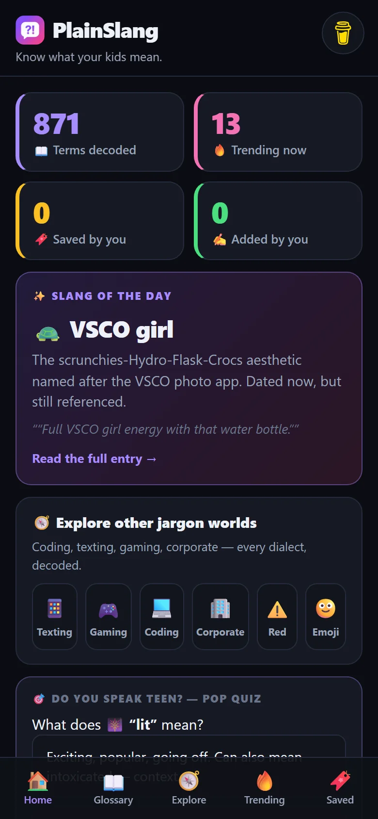 PlainSlang — Mobile app · slang at a glance