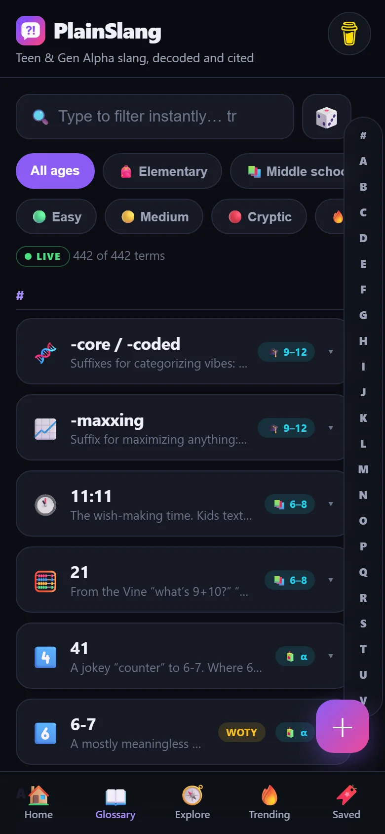 PlainSlang — Mobile app · browse the glossary