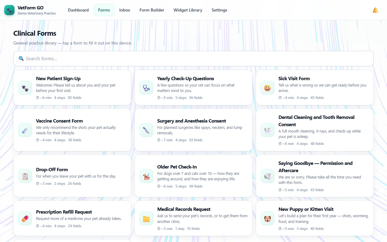 VetForm GO — Desktop · Demo workspace · clinical form library