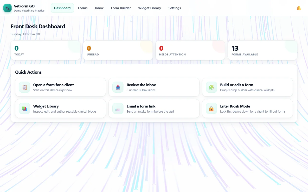 VetForm GO — Desktop · Demo workspace · front desk dashboard