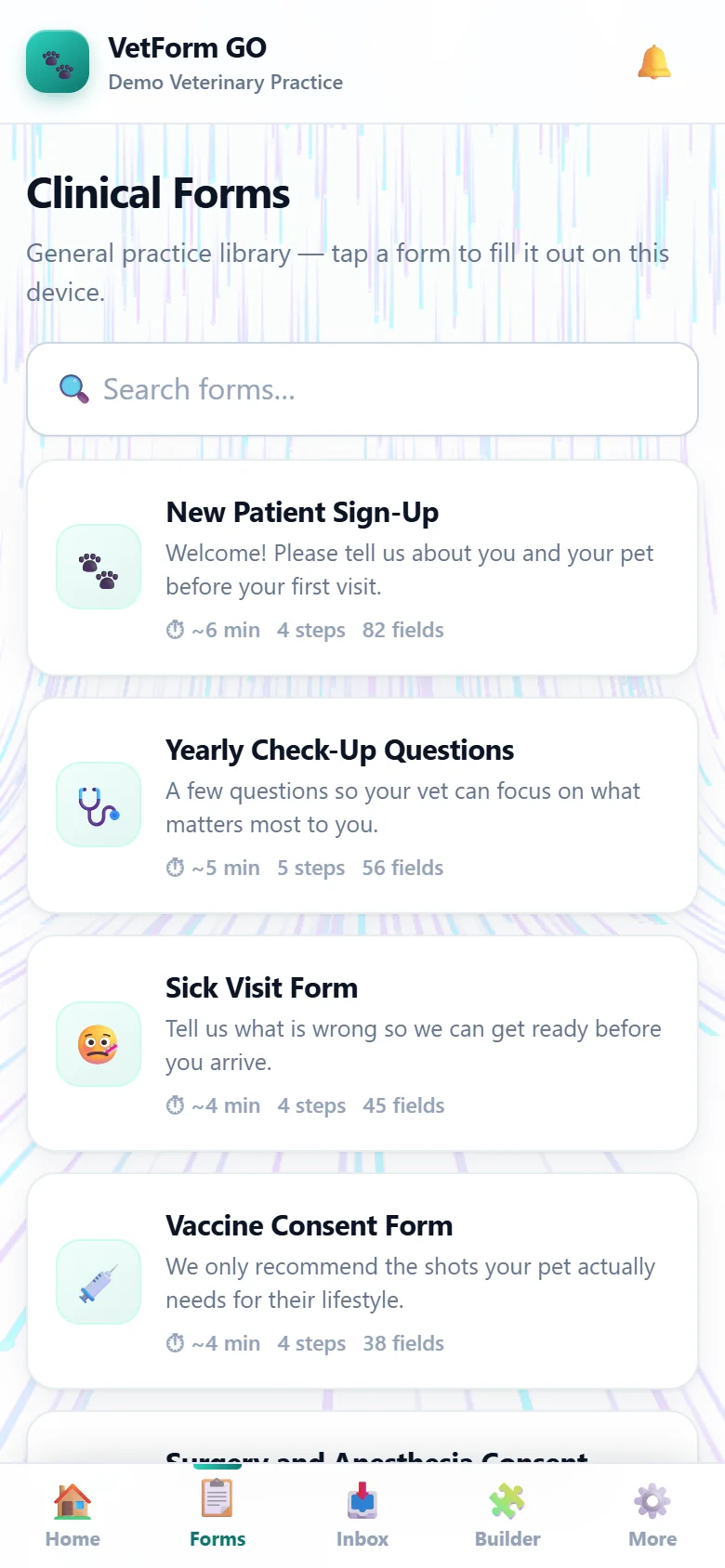 VetForm GO — Mobile demo · clinical form library