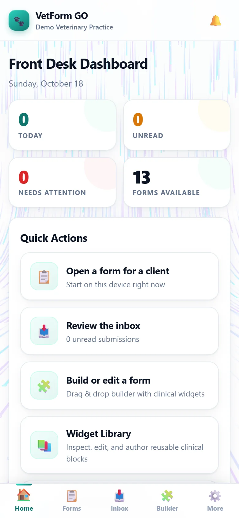 VetForm GO — Mobile demo · front desk dashboard